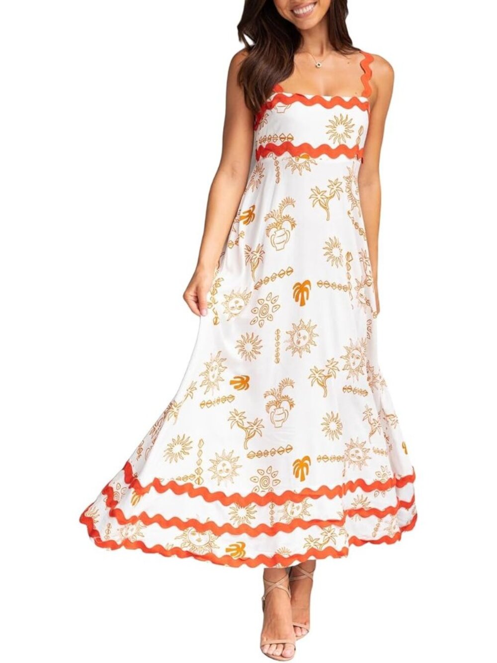 Women Boho Beach Flowy Dress Y2k Spaghetti Strap Sleeveless Smocked A-line Swing